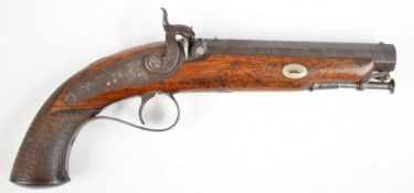 Hollis of Cheltenham percussion hammer action pistol with named and engraved lock, engraved stylised