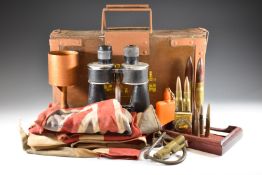 Small collection of militaria including trench art match box holder and cigarette lighter, inert