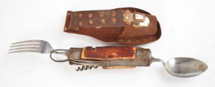 Campaign type folding multitool / pocket knife with fork and knives, longest blade 9.5cm, with