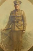 WW1 framed coloured photograph of a British infantryman, Warwickshire Regiment, 50 x 60cm
