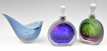Three pieces of studio glass comprising two Jane Charles signed scent bottles and a Deborah Fladgate