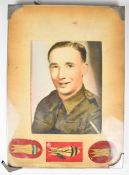 Framed bomb disposal picture with three badges, Mr William Wheeler of Buscot Nr Farringdon