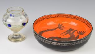 A large glass dish with dragon decoration, diameter 26cm and an Art Nouveau pedestal vase, height