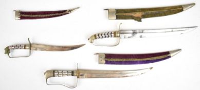 Three copy Indian pattern miniature swords, all with sheaths, longest blade 26cm. PLEASE NOTE ALL