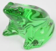 Baccarat green glass frog paperweight with etched logo to base, 10cm long.