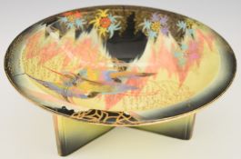 Carltonware Art Deco pedestal dish enamelled decoration of a stork or egret, diameter 25cm x