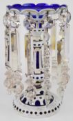 Victorian overlaid and cut glass drop lustre vase with gilt decoration and white casing over blue