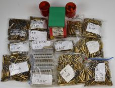 Five rifle cartridge re-loading die sets .30-30, .308, .30-06 and .338 Win Mag and related empty