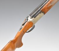 Lanber 12 bore over and under ejector shotgun with engraved lock, trigger guard, thumb lever, top