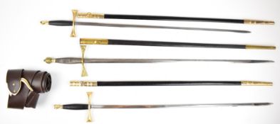 Three Masonic swords, the longest blade 74cm, all with scabbards and belt attachments. PLEASE NOTE
