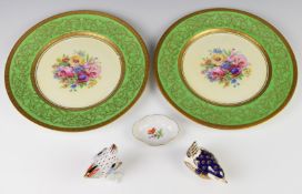 Heutschenreuther pair of cabinet plates, Meissen pin dish and a Royal Crown Derby paperweight