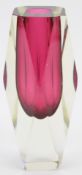 Murano sommerso glass vase with cranberry centre and faceted clear casing, 17.5cm tall.