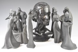 A collection of Royal Doulton figures with matt black decorative glaze, tallest 30cm, together