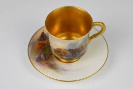 Royal Worcester cup and saucer with Highland cattle decoration, signed Harry Stinton, height 5.5cm