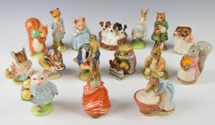 Sixteen Beswick, Royal Albert, Royal Doulton, Beatrix Potter and other figures including Simpkin,