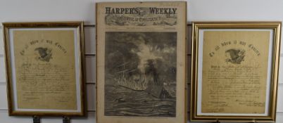 American Civil War interest two Discharge Certificates for Corporal J Holley, Light Battery