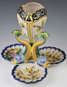 Quimper faience figural fish trefoil centrepiece, height 35cm
