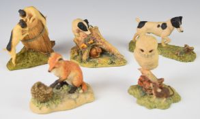 Four Border Fine Arts and one Aynsley figure of Jack Russell dogs, fox and anowl, two by Ayres and