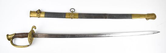 American Civil War Naval sword with leather and wire grip, brass guard with oak leaf decoration