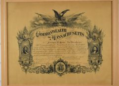 American Civil War Commonwealth of Massachusetts Certificate of Recognition to Freeman R Cove,