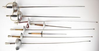 Seven fencing foils / epes including two by Paul and two by Santelli longest blade 89cm, together