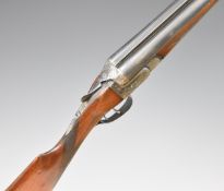 Aremberi 12 bore side by side shotgun with engraved lock, trigger guard, thumb lever, fences and
