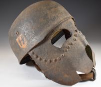 German style / pattern steel helmet with metal face protector, added lining and chin strap
