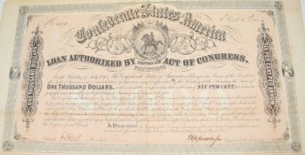 Three American Civil War Confederate States of America One Thousand Dollar bonds with 30 Dollar