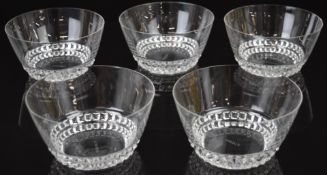 A set of five René Lalique Vougeot clear glass bowls, each signed R Lalique to base, 12cm in