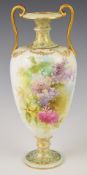 Royal Doulton twin handled pedestal vase with floral decoration, height 24cm