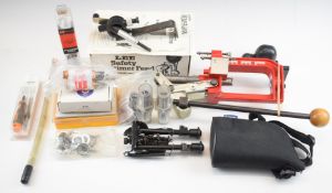 A collection Lee shotgun and rifle cartridge reloading equipment including press, safety primer