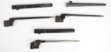 Three British No 4 bayonets, all with 20cm spike blades and scabbards (one plastic). PLEASE NOTE ALL