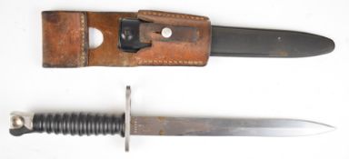 Swiss 1957 bayonet stamped FW+ and V1966948 to ricasso with 24cm double edged blade, scabbard and