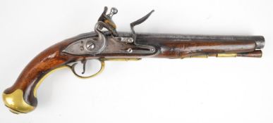 Flintlock Dragoon pistol with indistinctly named lock, brass trigger guard, butt cap and mounts,