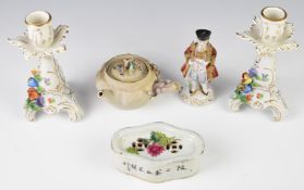 Dresden candlesticks, bisque wine pourer, Chinese porcelain cricket container / pot pourri etc,