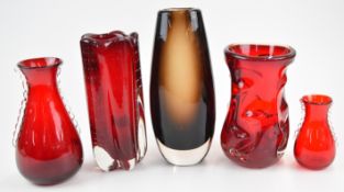 Five Whitefriars glass vases comprising four ruby red including one Knobbly and one with control
