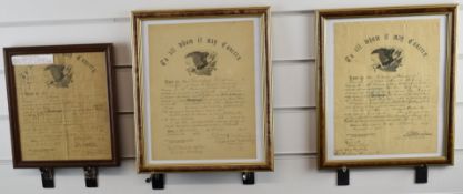 American Civil War interest three framed Discharge Certificates for Private H Welch Pennsylvania