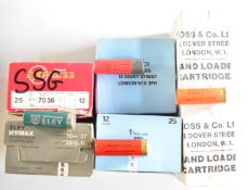 One hundred and fifty 12 bore shotgun cartridges including Boss & Co and Eley Hymax, in original
