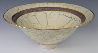 Tony Laverick studio pottery pedestal bowl with crackle glaze style decoration, diameter 43cm