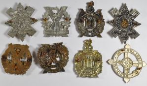 Eight British Army Scottish Regiment badges including London Scottish, King's Own Border Regiment