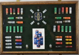 Gamebore shotgun cartridge advertising display board in a glazed oak case. 77cm x 51cm