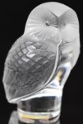 Lalique frosted and clear glass owl paperweight, with original label and signed 'Lalique France'