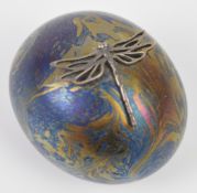 John Ditchfield for Glassform iridescent glass paperweight with applied white metal dragonfly,