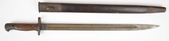 British 1907 pattern bayonet with good stamps to ricasso, wooden grips, 43cm fullered blade and