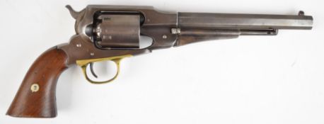 Remington New Model Army .44 six-shot single action revolver with shaped wooden grips, brass trigger