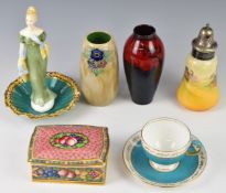 Royal Doulton flambé vase and one other, figurine, sugar sifter, Minton casket etc, tallest 16cm