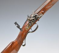 Pedersoli H W Mortimer .54 flintlock rifle with named lock, chequered grip and forend, scrolling
