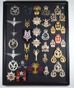 Mounted display of approximately 40 British Army badges including Special Air Service, Parachute