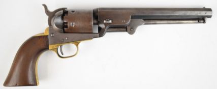 Colt 1851 Navy .36 six-shot single action revolver with shaped wooden grips, brass trigger guard and
