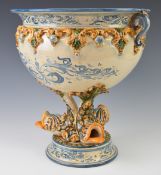 Continental twin handled figural fish large punch bowl, height 36cm